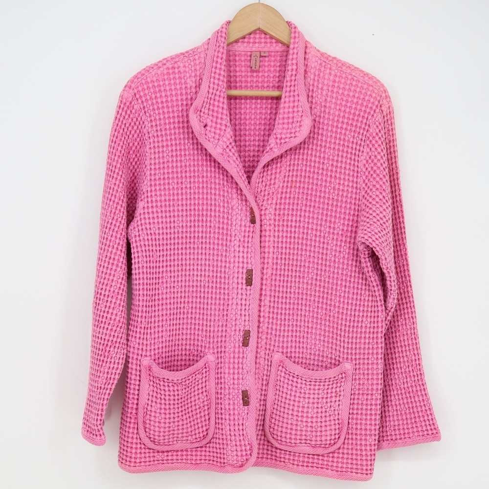 Focus Pink Waffle Knit 100% Cotton Button Front Cardigan Jacket Womens S - Picture 2 of 7